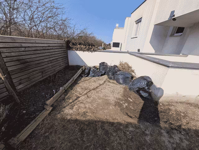 Our garden at the time of writing, full of trash bags and possibilities